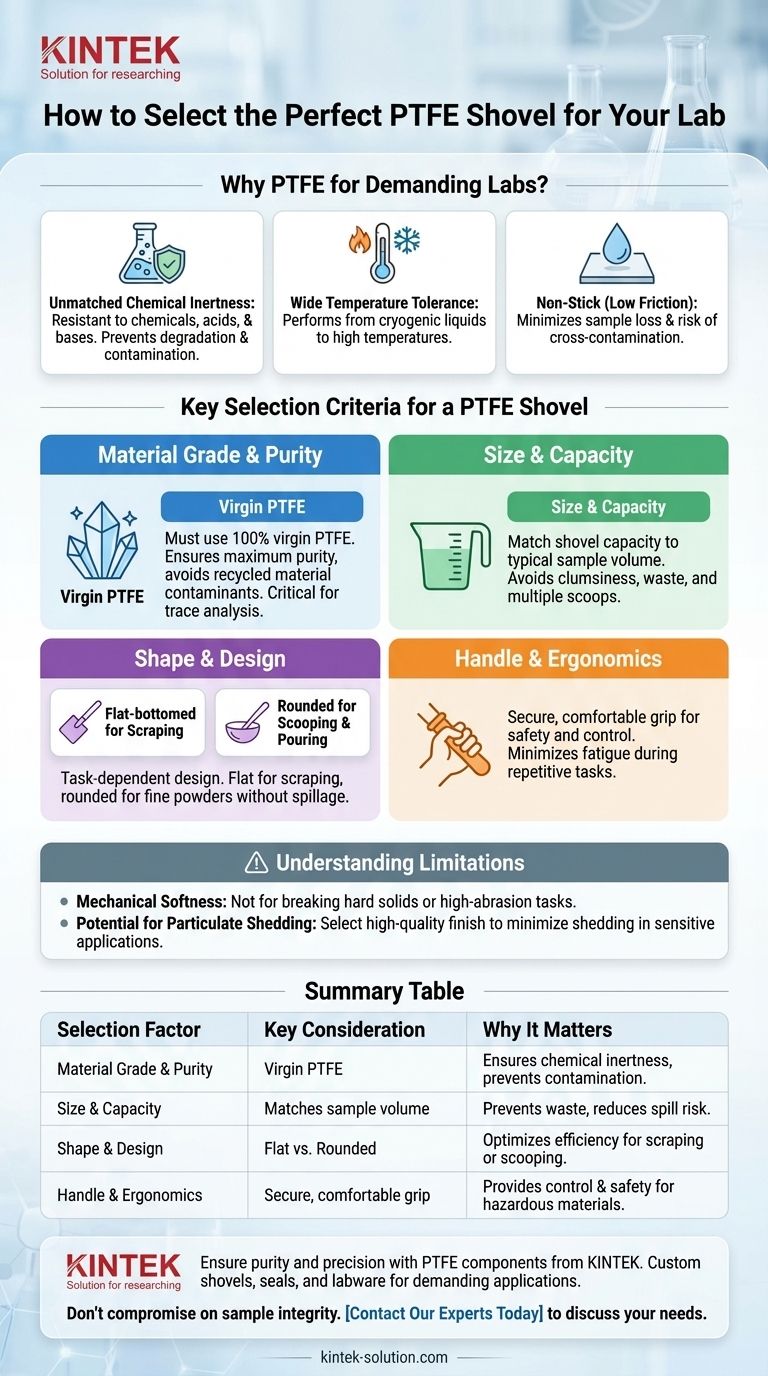 在选择用于实验室的PTFE铲子时应考虑哪些因素？确保化学惰性与样品完整性 图解指南