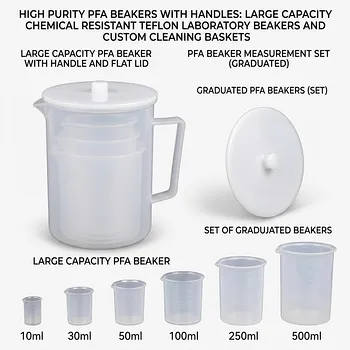 Vasos de precipitación de PFA de alta pureza con asas, vasos de laboratorio de Teflón resistentes a químicos de gran capacidad y cestas de limpieza personalizadas